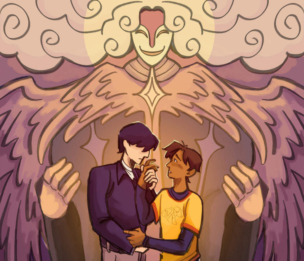 an ominous winged and haloed finger sheltering two young men holding hands
