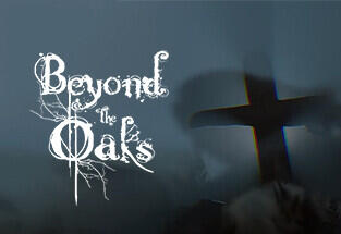 A runic logo for Beyond the Oaks sits in front of an atmospheric gravestone
