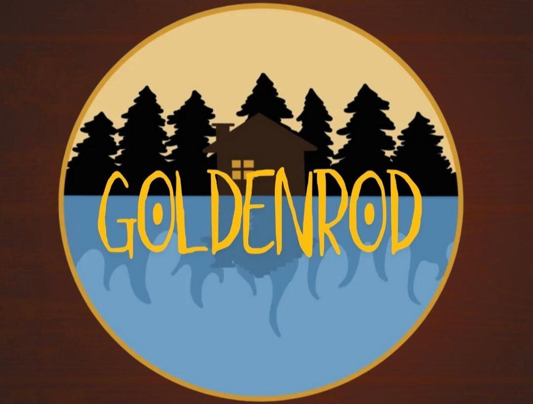 The logo for the audio drama Goldenrod, a cabin flanked by trees, but the reflection in the lake is covered in flames