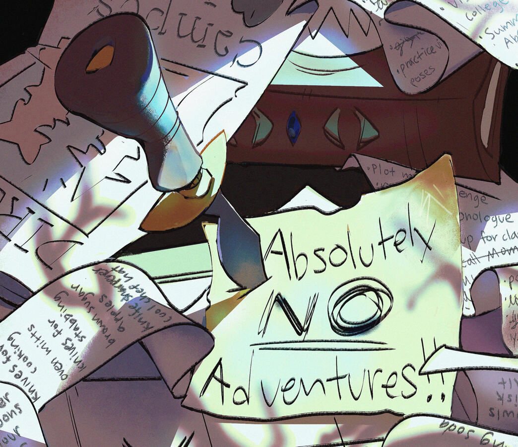 a knife stuck through a paper with the words "absolutely NO adventures!" written on it